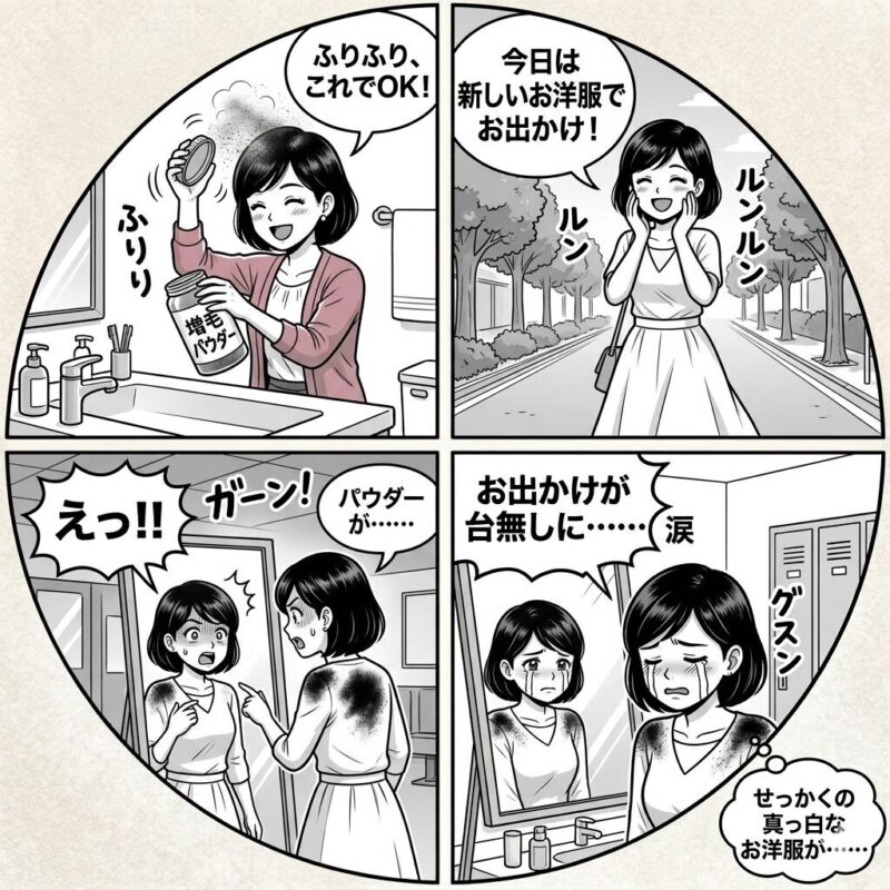 レディーストップシェード使用中の失敗談をまとめた四コマ漫画。白い服に黒いパウダーが落ちて汚れ、ショックを受けたエピソード