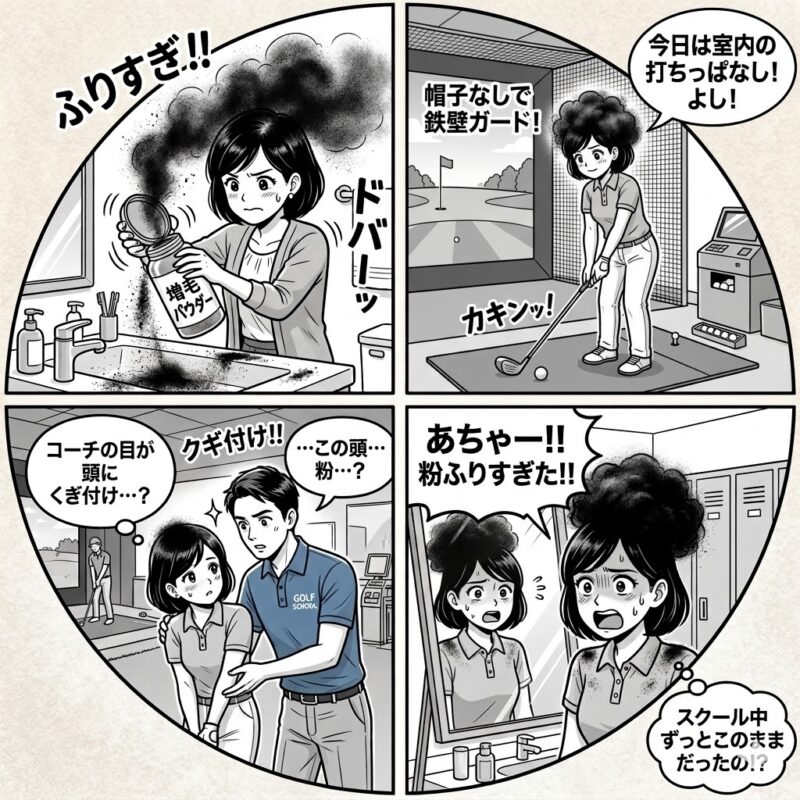 ゴルフスクールのレッスン中、至近距離で先生の視線が頭頂部のパウダー（レディーストップシェード）に集中してしまい、不自然さに焦った失敗談の四コマ漫画