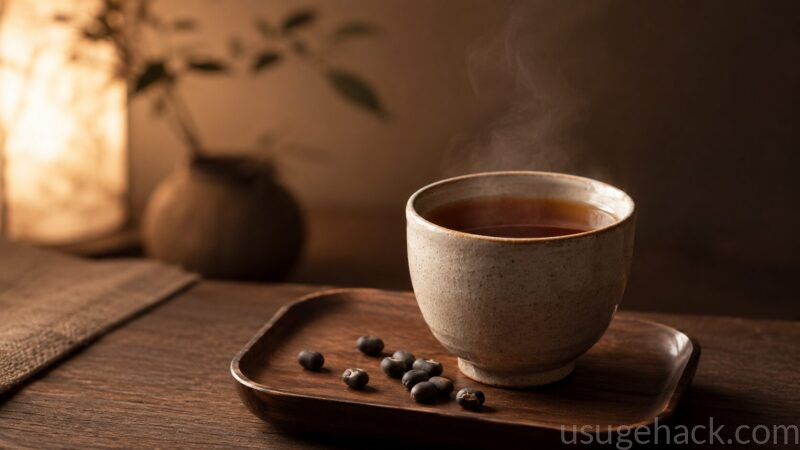 シンプルな和風の陶器のカップに注がれた黒豆茶、深みのある琥珀色の液体、カップからほんのり立ち上る湯気、小さな木製トレーの上に乾燥した黒豆を数粒散らしている、ダークブラウンとベージュのトーン、柔らかい夜の温かい光、リラックスした夜の癒やし空間、日本の侘び寂びミニマルスタイル