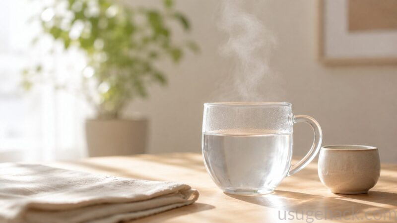 朝の穏やかな光の中、木製のテーブルに置かれた透明なガラスコップに入った白湯(または水)、コップからほんのり立ち上る湯気、小さな陶器のカップが隣に置いてある、白とベージュのパステルトーン、背景にぼんやりとした観葉植物、日本のシンプルで温かみのあるライフスタイル