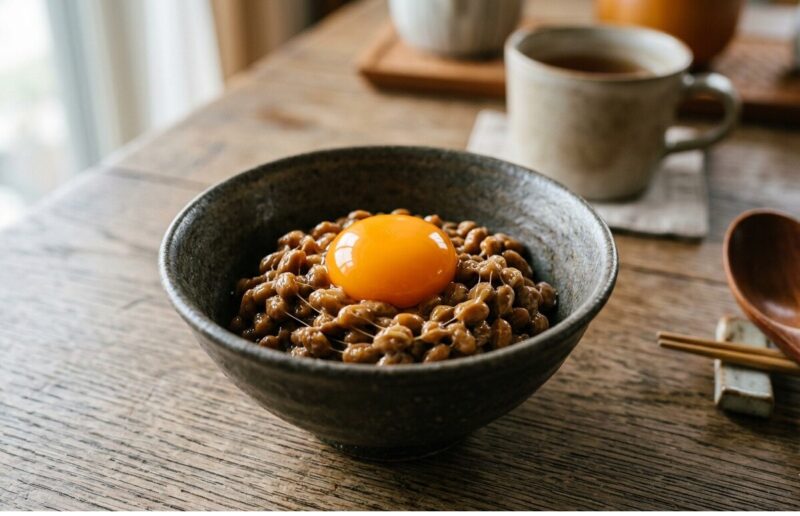 納豆に黄身だけが載った写真