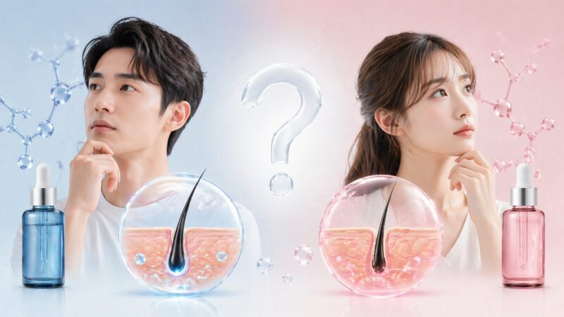 男性用発毛剤と女性用発毛剤のボトルの比較イメージ。男性と女性が上を向いてどう違うかと悩んでいる様子。