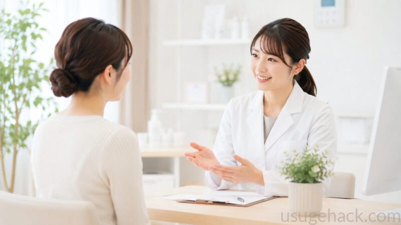 明るい雰囲気の女性クリニックや皮膚科の待合室、または白衣の女性医師と話している患者のシーン