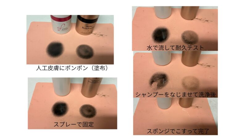 アートネイチャープラビ（左）とアデランスビューファンデ（右）の比較写真
人工皮膚でポンポンした様子、スプレーで固定した様子、水で流した耐久テスト、シャンプーをなじませて洗浄後、スポンジでこすってきれいになった様子。