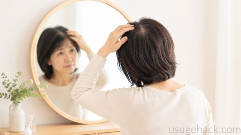 50代女性が鏡の前で自分の頭頂部をそっと見ている後ろ姿。不安そうだけど責めるようでなく、静かに向き合っている雰囲気のもの。背景は明るめ（白・ベージュ）で優しいトーン