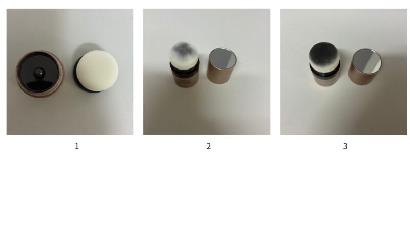 ヘアプラスビュー ファンデパウダー（ダークブラウン）＆ミストセットの1.使用前のパフの写真（左）２.パフをセットして10回ポンポンした様子（中）３.何度もポンポンしてパフがなじんできた様子（右）
