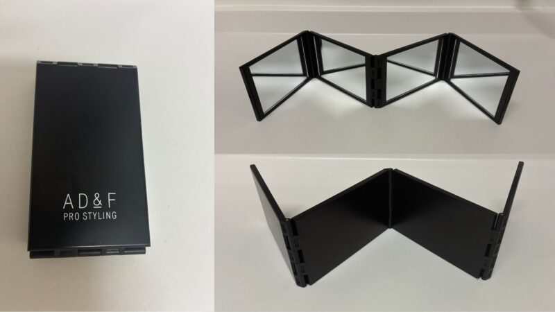 アデランスビューファンデを注文したときに一緒に届いた四面鏡の写真、閉じたところ、開いたところ、裏側の写真