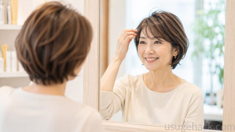  美容院や鏡の前で笑顔の50代女性。分け目を変えたりカラーを入れた後のような、自信が感じられるシーン