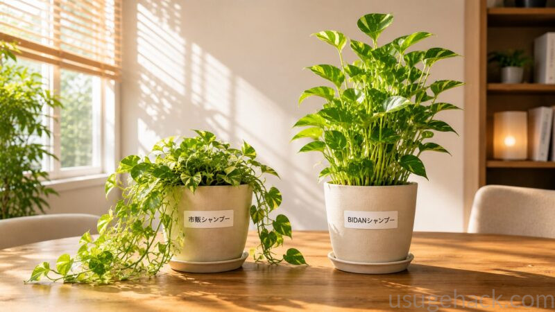 カウンセリング室の木目調のテーブルの上に、2つの植木鉢が並んでいる。左側は「市販シャンプー」、右側は「BIDANシャンプー」のラベル付き。左のポトスは植木鉢から地面を這うように垂れ下がり、右のポトスは同じ植木鉢なのに茎がピンと垂直に立っている。太陽の光が差し込み、生き生きとした対比が際立っている様子
