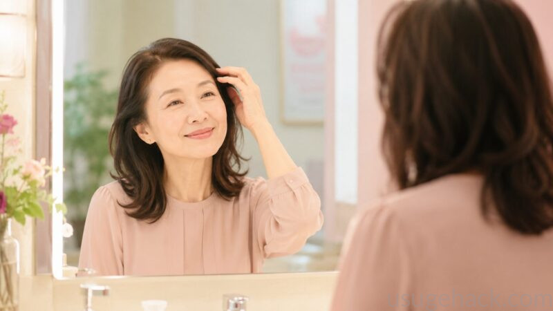 50代の日本人女性が洗面台の鏡の前で自分の髪を見て満足そうに微笑んでいる様子、明るく温かい照明、清潔感のある洗面所、希望を感じる表情、リアルな写真風、パステルピンクとベージュのトーン