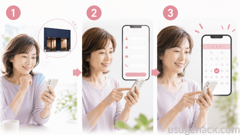 BIDAN（ビダン）のネット予約から当日までの流れ

1公式サイトから近くのサロンをクリック

2名前や住所などを画面の案内に沿って入力

3空いている日時が表示されるので、希望時間をクリックして完了！
