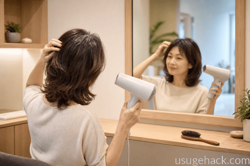 施術後に女性が鏡の前でドライヤーを使って髪を整えている画像