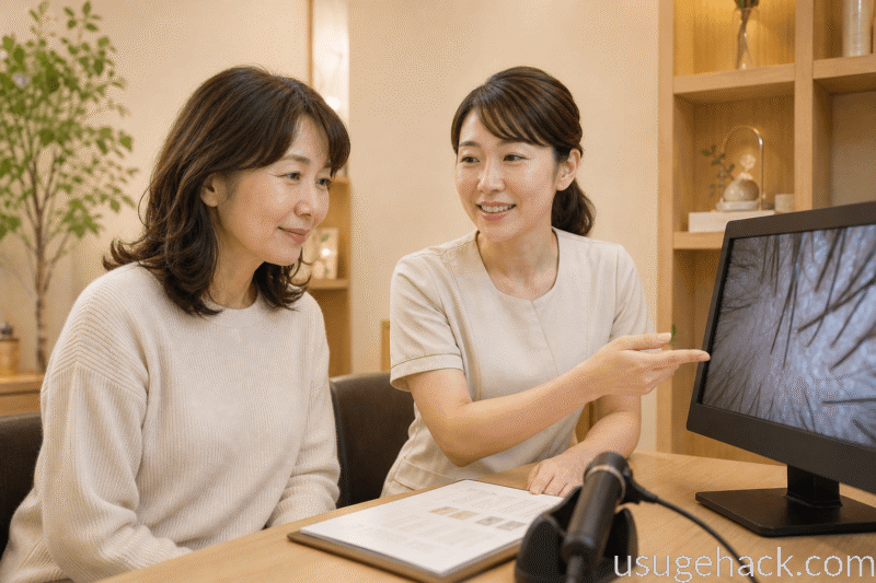 BIDAN(ビダン）施術後に女性とスタッフが一緒にスコープ画面を確認している画像