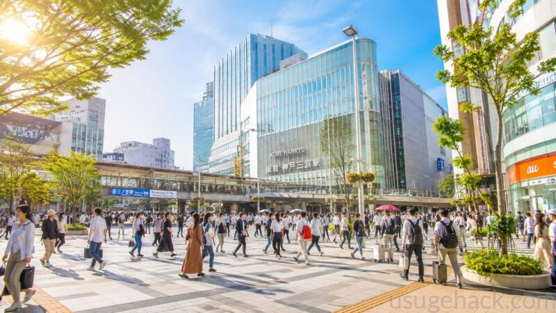三宮駅前の活気ある都市風景の様子