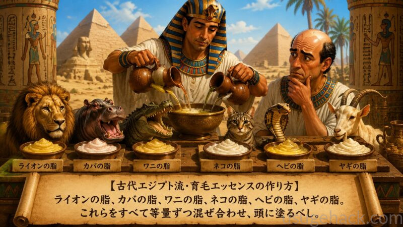 【古代エジプト流・育毛エッセンスの作り方】 ライオンの脂、カバの脂、ワニの脂、ネコの脂、ヘビの脂、ヤギの脂。 これらをすべて等量ずつ混ぜ合わせている様子