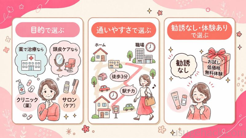 後悔しない薄毛ケアの選び方の基準3つを示したイラスト。目的で選ぶ(クリニックかサロン)、通いやすさで選ぶ、勧誘なし・体験ありで選ぶの3つのポイント