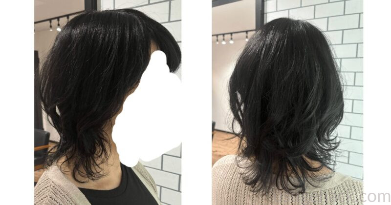 リネアストリアの天使のヘアピース（クラシックブラック）を装着しサロンでカールをつけた後の横・後ろ姿
