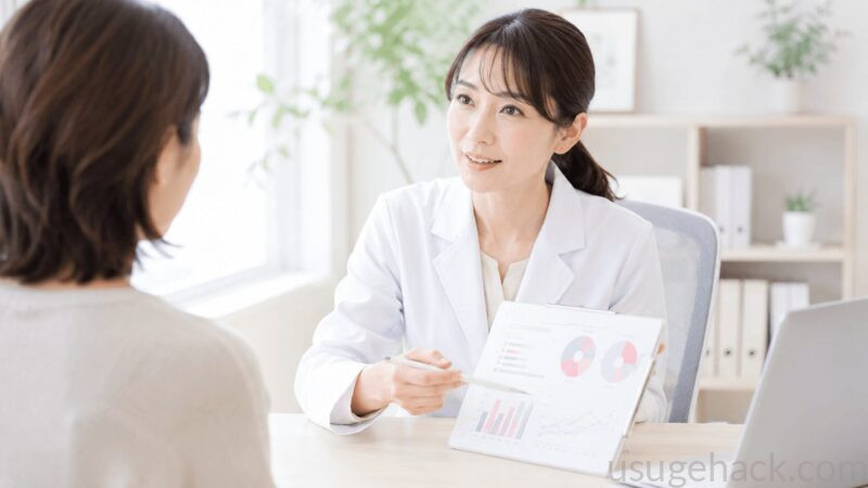 白衣の女性医師がデータやグラフを見ながら説明している、やわらかいイメージ。信頼感と清潔感のある雰囲気。白・ベージュ・くすみピンク・淡いブルーグリーンのパステル調。