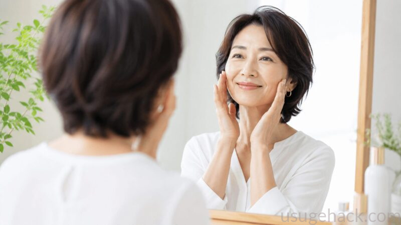 鏡の前で前向きに自分と向き合う50代女性のイメージ