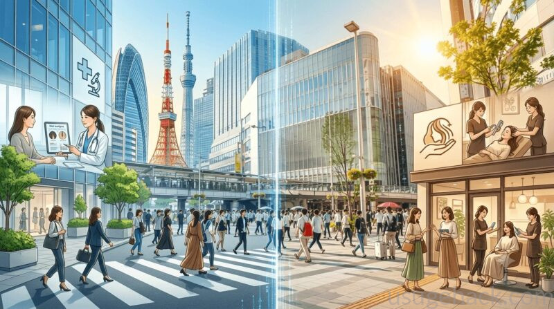 タイプ別の相談先イメージ。東京はクリニックで医療治療、関西はサロンで頭皮ケアという地域別の選択肢