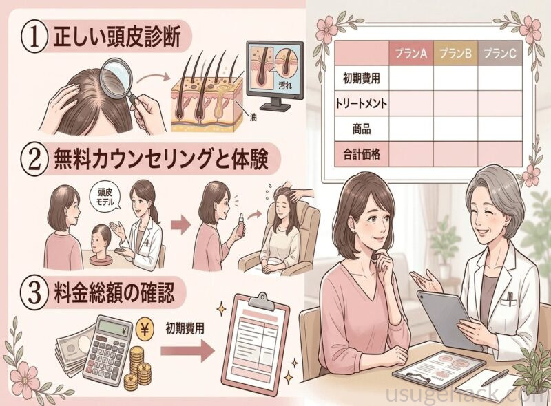 薄毛治療を申し込む前に知っておきたい基礎知識3つを示したイラスト。①正しい頭皮診断、②無料カウンセリングと体験、③料金総額の確認と、料金プランの比較表