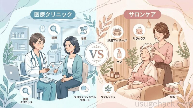 薄毛ケアの医療クリニックとサロンを比較したイラスト。左は医師が女性を診察するクリニック、右はスタッフが女性の頭皮をケアするサロンで、中央にVSマーク
