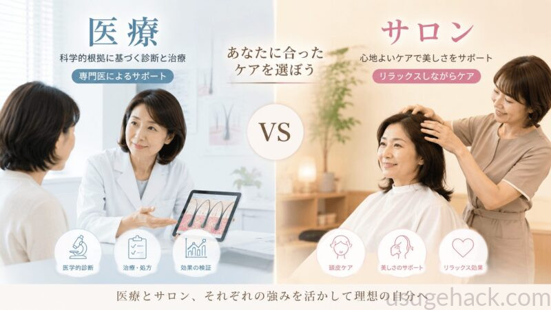 薄毛の悩みに「プロに頼る」選択肢を示すまとめイラスト。医療クリニックと発毛サロンの比較