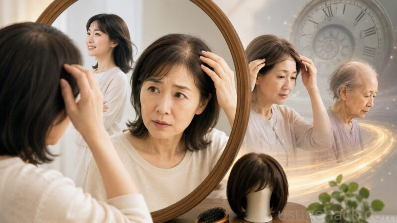 50代女性が鏡で薄毛を確認する様子｜20代・80代の姿もタイムマシンのように映り遺伝と薄毛の進行を表したイメージ画像