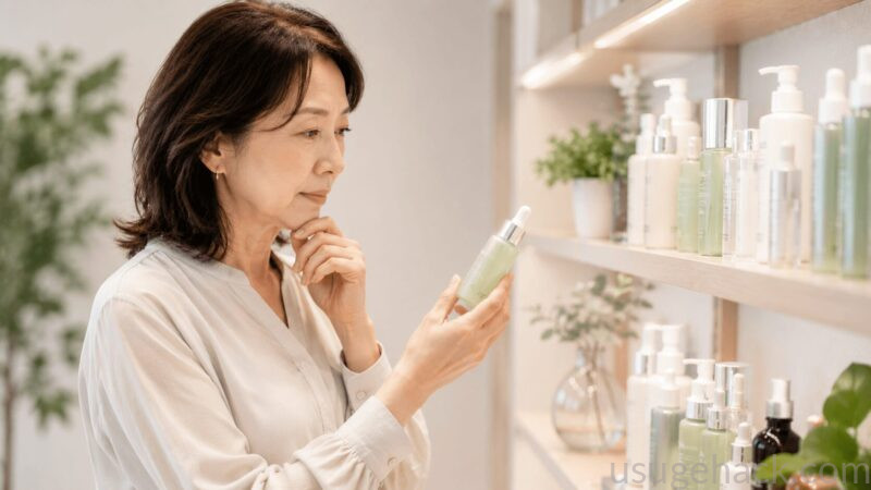 女性が棚の前で発毛剤を手に取って悩んでいるイメージ