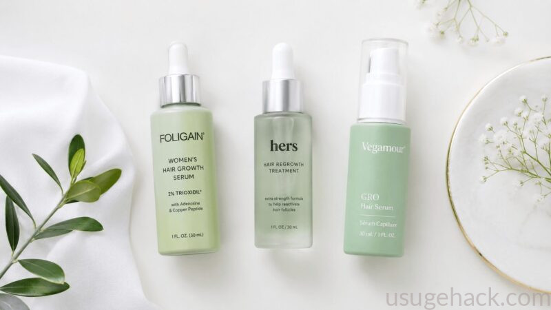 女性用発毛剤のボトルが3本、清潔感のある白い背景に整然と並んでいる、フラットレイ、柔らかい自然光、パステルグリーンとホワイトのトーン、美容・ヘルスケア商品スタイリング、ミニマリスト、高品質、写真リアル