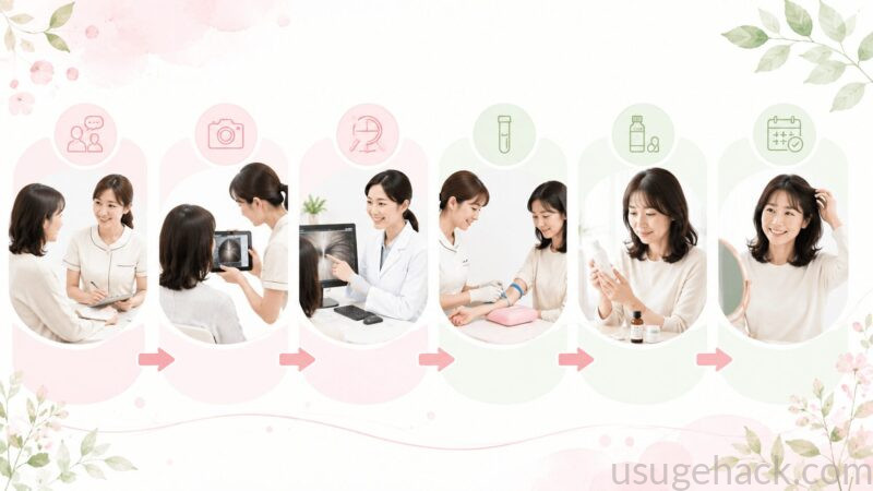 スマイルAGAクリニックの治療の流れを示す図解。カウンセリング、マイクロスコープでの撮影、診断、血液検査、お薬の処方までの5ステップを女性スタッフと女性患者のイラストで紹介