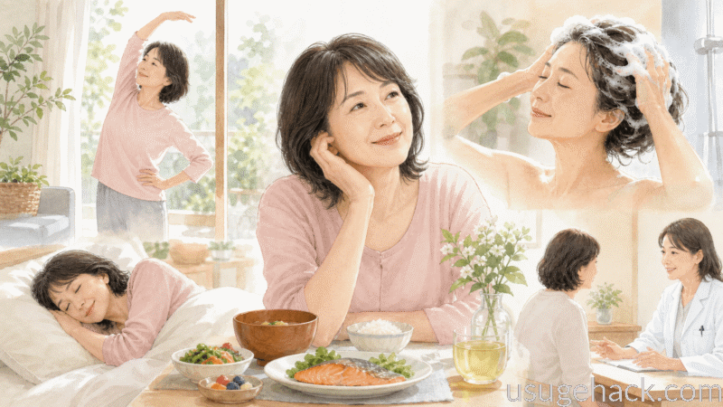 食事・睡眠・優しい頭皮ケアを無理なく続ける50代女性のイラスト