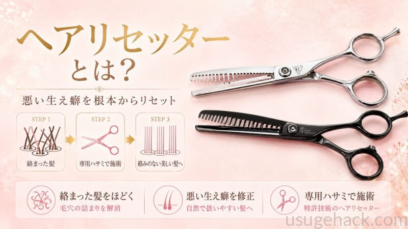 ヘアリセッターの仕組みを示す図解。専用ハサミで絡まった髪の生え癖をリセットする3ステップと、施術の特徴を説明したバナー画像