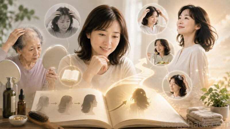 親の髪型は未来の攻略本｜母娘の薄毛遺伝と先回り対策を表すイラスト