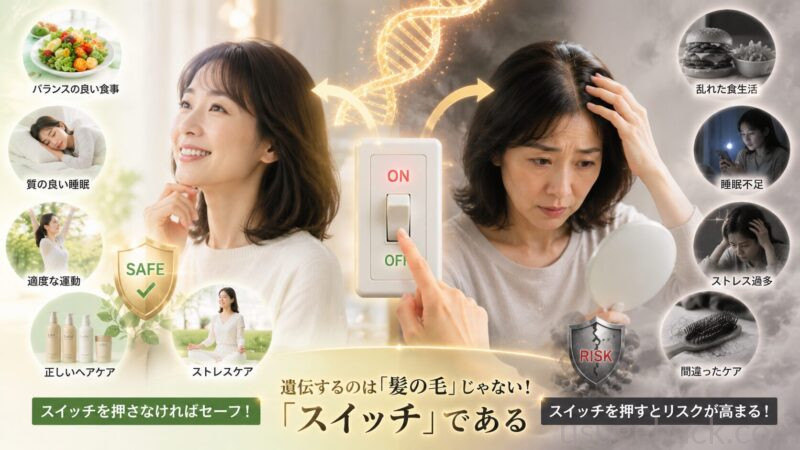 薄毛の遺伝スイッチを説明するイラスト｜バランスの良い食事・質の良い睡眠・適度な運動でスイッチOFF、乱れた食生活・睡眠不足・ストレスでスイッチON