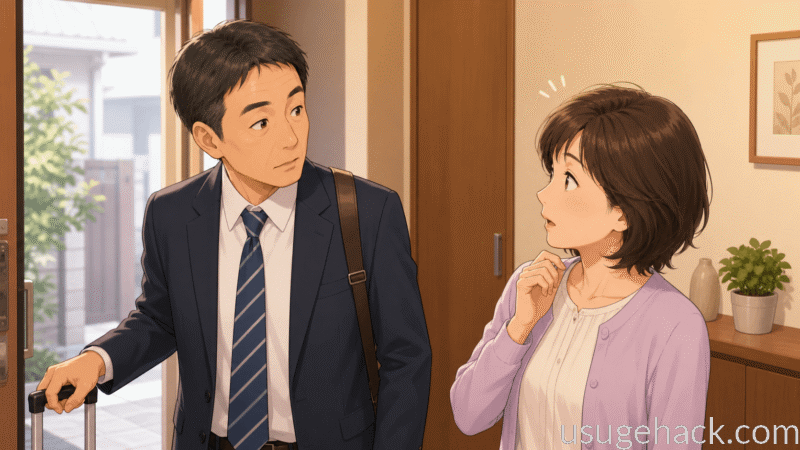 夫に気づかれていないと思ったのに夫がウィッグだといっしゅんでみやぶった様子。