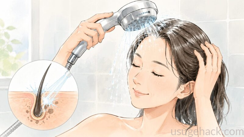 シャンプーをして髪をシャワーで流している女性の様子