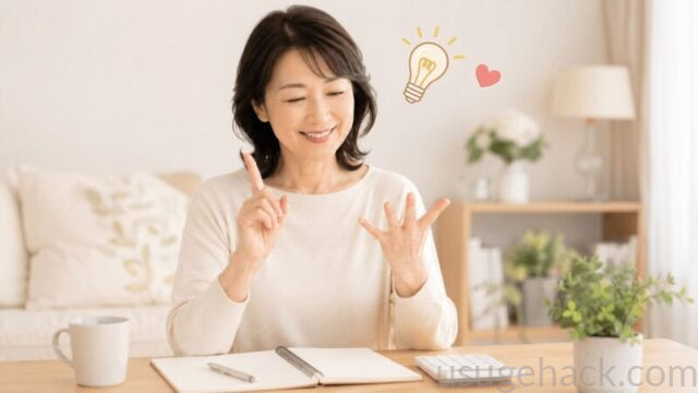 薄毛で得したことを指折り数えて微笑む50代女性のイラスト