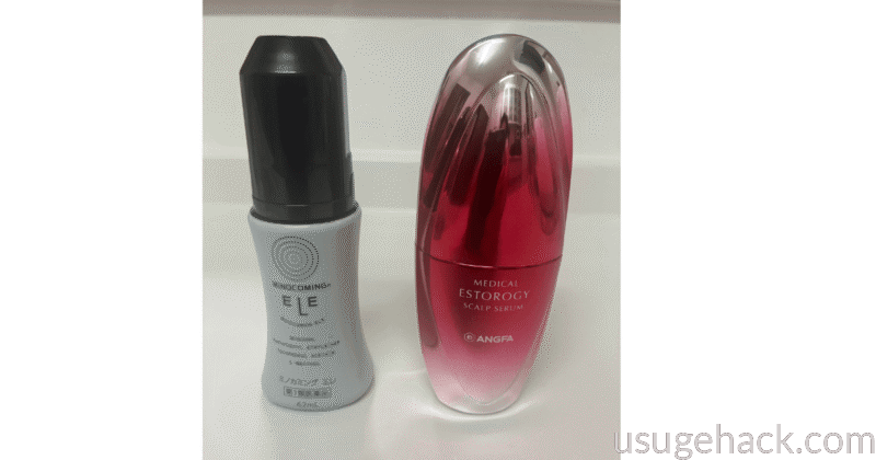 スカルプDボーテ（赤いボトル）とミノキシジル発毛剤ミノカミングエレ（銀色のボトル）を並べてサイズを比較した画像