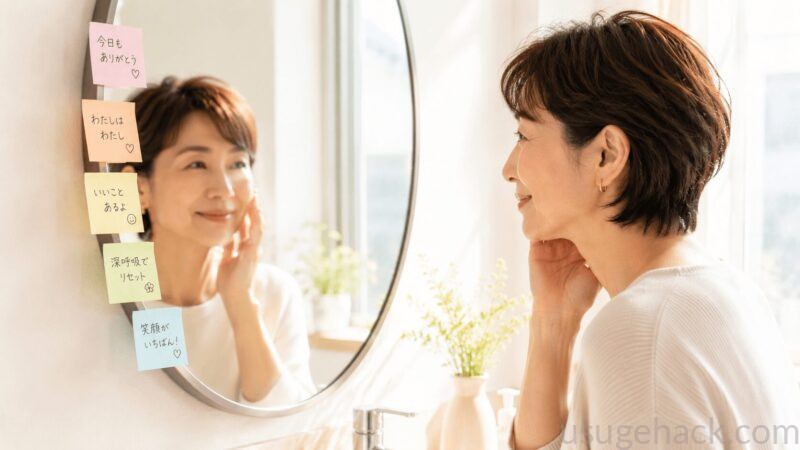 鏡の前で穏やかに微笑む50代女性のイラスト