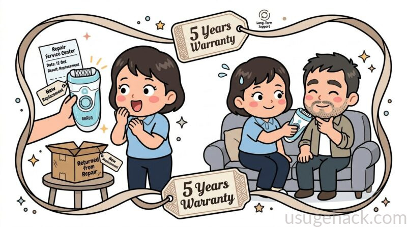 新しい脱毛器を交換してもらって満足している様子のイラスト