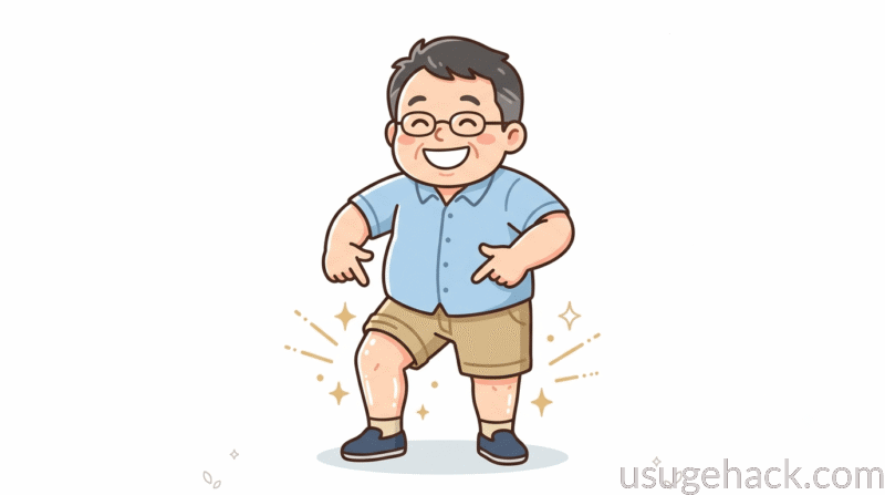 男性が脱毛器を使用してつるつるになった足を自慢げに見せているイラスト