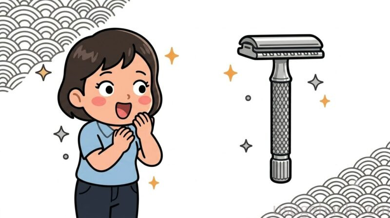 女性がT字カミソリを見ているイラスト