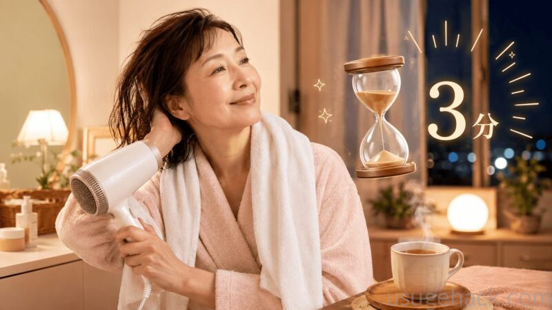 ドライヤーを3分で終えてお茶を楽しむ50代女性のイラスト
