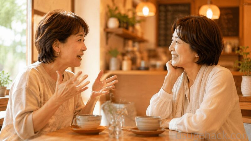 カフェで薄毛の悩みを語り合って笑う女性2人のイラスト