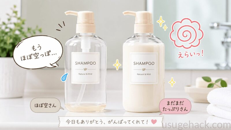 夫のほぼ空のシャンプーと、まだ残っている私のシャンプーの比較イラスト