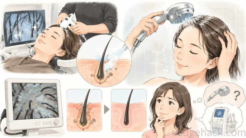 シャワーで頭皮を洗い毛穴の汚れをケアする様子を描いたイラスト