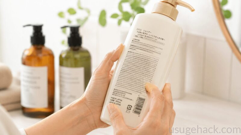 シャンプーボトルの裏面（成分表示）を見ている手元のイメージ