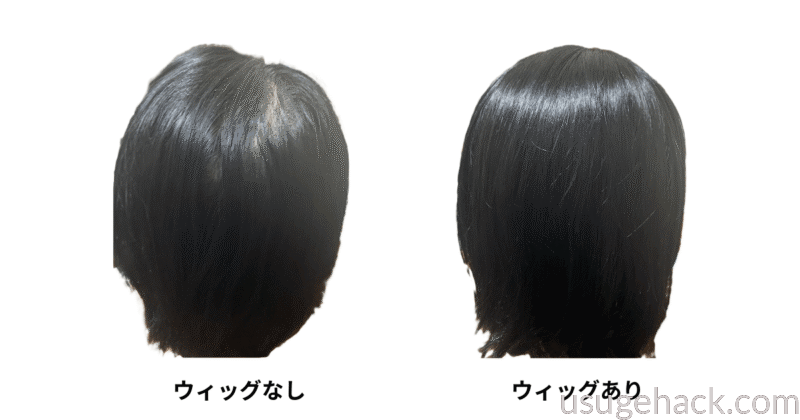 ウィッグなし(左)リネアストリアウィッグあり(右)後ろから撮影した様子