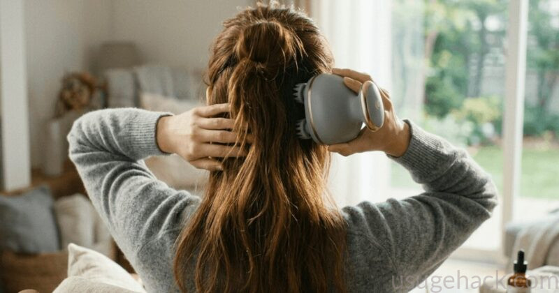 頭皮マッサージ機を使っている、または手で頭皮を揉んでいるイメージ
